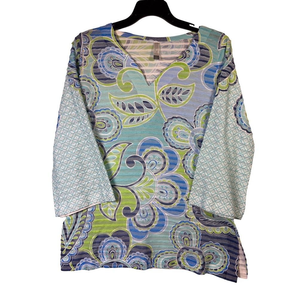 Whimsy Rose Tunic Top Womens Large Blue Green Floral Paisley 3/4 Sleeve